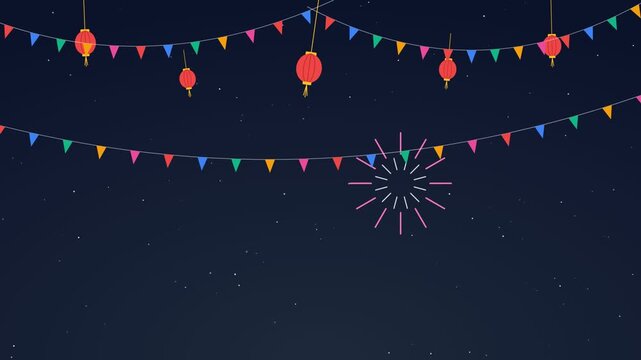 Festive night sky with colorful bunting, red lanterns, and fireworks.