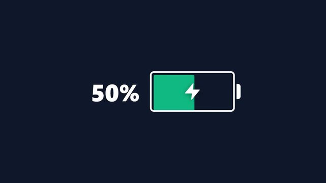 Animated battery icon charging from low to high percentage on a dark background.