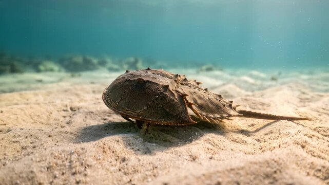 horseshoe crab underwater close up at morning light in delaware bay usa video
