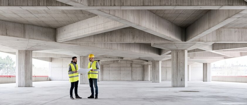Architect and builder standing at construction site reviewing blueprint under concrete structure