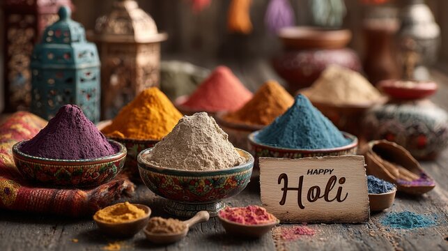 Bowls of vibrant Holi powder displayed at a festive market with a Holi sign, Indian color festival, traditional celebration, cultural holiday, Holi.