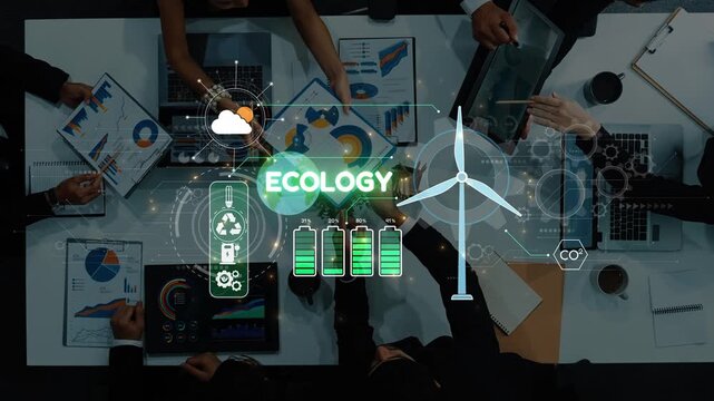 A dynamic business meeting focused on ecology and sustainability with professionals analyzing data and engaging with visual elements related to renewable energy. Raster