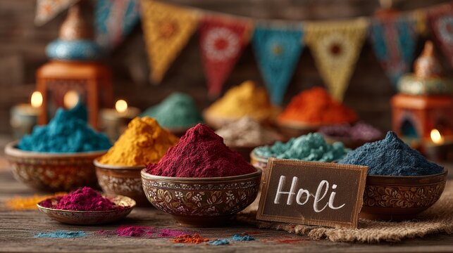 Colorful Holi powder bowls and festive bunting fill a traditional market stall, Indian color festival, joyful celebration, cultural holiday, Holi.