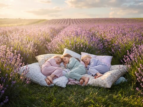 Three Cute Young Children Sleeping Peacefully on Pillows in a Blooming Purple Lavender Field at Sunset