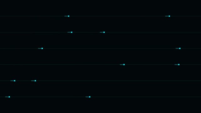 Abstract background with glowing blue light particles moving on horizontal lines in dark space representing technology and fast data speed