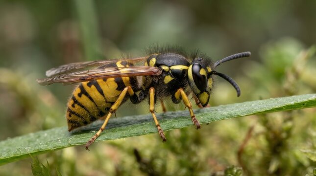 Macro closeup of a yellowjacket wasp perched on a green leaf in nature