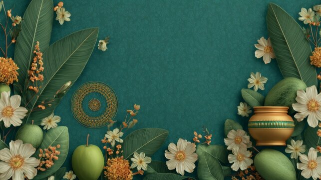 Decorative Indian pots, flowers and traditional ornaments arranged along a teal festive background, cultural celebration, elegant holiday design, Indian tradition.