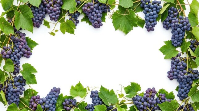 Fresh red grapes with green leaves frame border