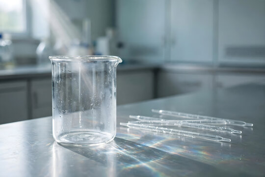 Empty glass beaker and pipettes on a laboratory table for scientific research and testing.