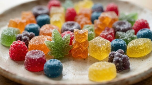 Assorted colorful gummy candies and jellies on a ceramic plate