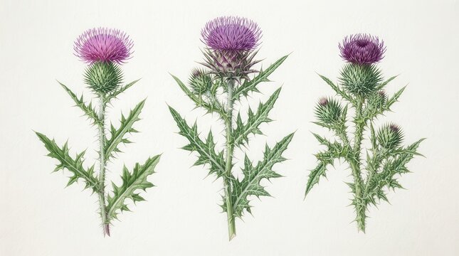 Botanical illustration of three purple thistle plants
