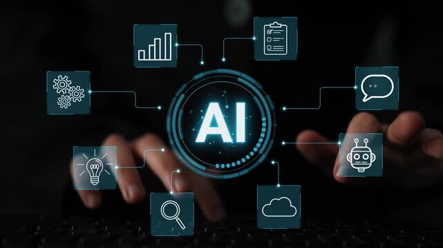 Futuristic Representation of Artificial Intelligence with Connectivity Symbols and Data Visualization Elements on Black Background. Entropy.