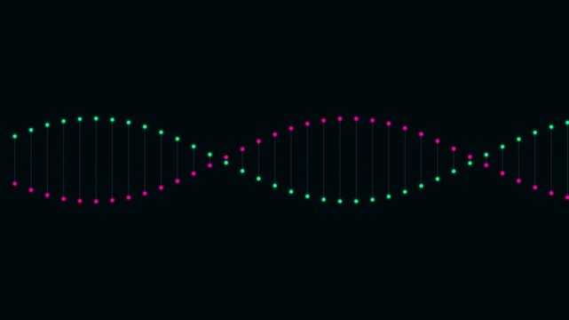 Abstract dna strand structure with glowing dots and connecting lines on a dark background for science and medical technology concepts