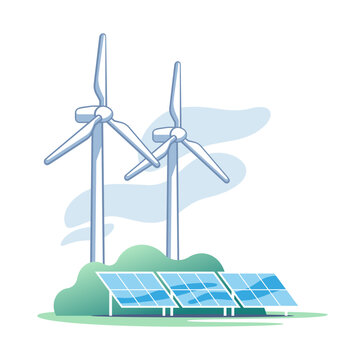Renewable energy sources, a wind farm with wind turbines and a solar farm with panels . Sustainable development. Vector illustration.