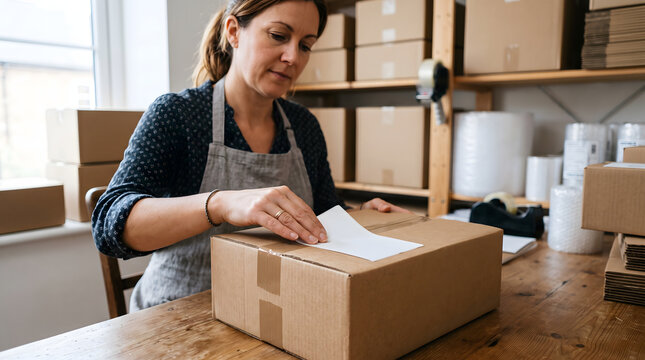 Small Business Owner Packing Order: A focused small business owner carefully labels a package, preparing it for shipment in a cluttered yet organized workshop, reflecting dedication and hard work.
