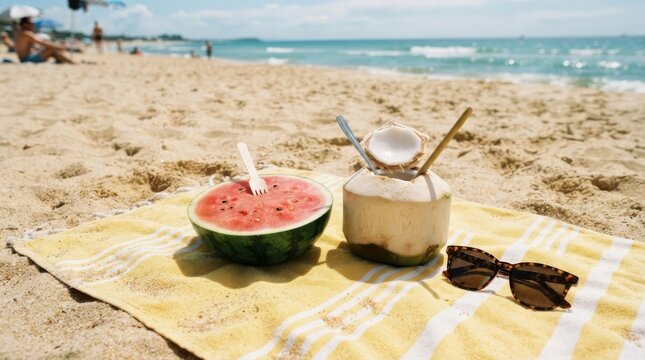 Watermelon and coconut drink on beach towel
