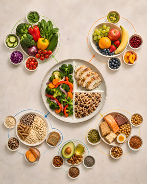Healthy balanced diet plate with fresh vegetables, fruits, grains, and protein food groups