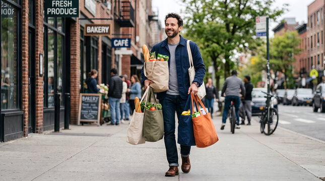 Man Carrying Groceries Walking on Sidewalk