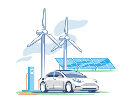 Electric car at an electric vehicle charging station connected to renewable energy sources, a wind turbines and a solar farm with panels. Sustainable development. Vector illustration.