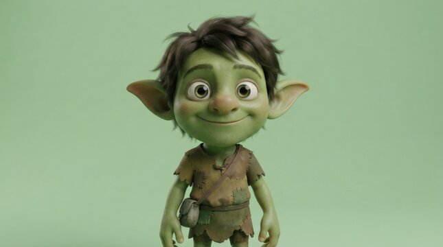 3D rendered illustration of a cute green fantasy creature with large ears