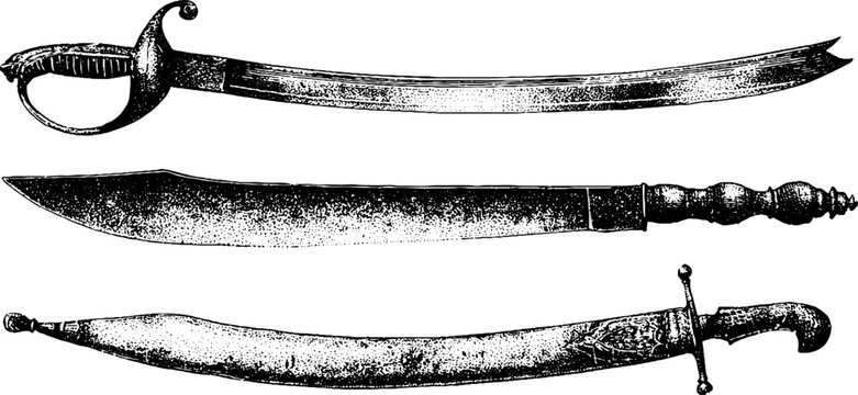 Set of three vintage black and white cossack sabers and scimitars isolated on white background for historical weapon design and decorative elements