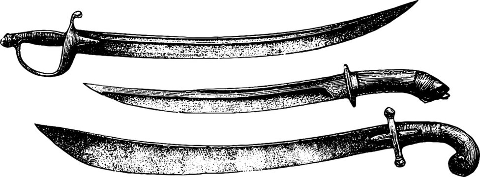 Set of three black and white curved sabers and scimitars in cossack style isolated on white background for historical weapon design and decorative elements