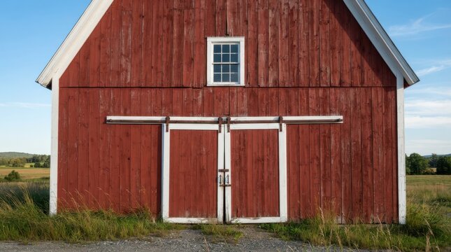 Rustic red wooden barn with sliding doors and window in rural landscape