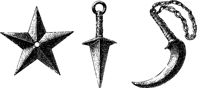 Set of three isolated black and white ninja weapon illustrations with shuriken kunai and chained kama for vintage design and tattoo reference background