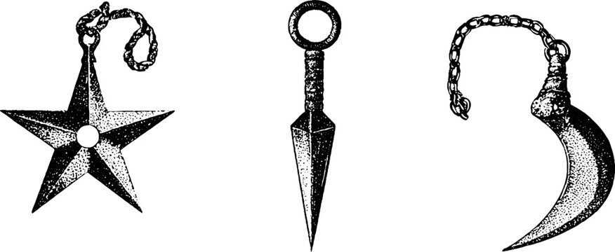 Set of three isolated black and white ninja weapon illustrations with shuriken kunai and kama for vintage design and tattoo reference background