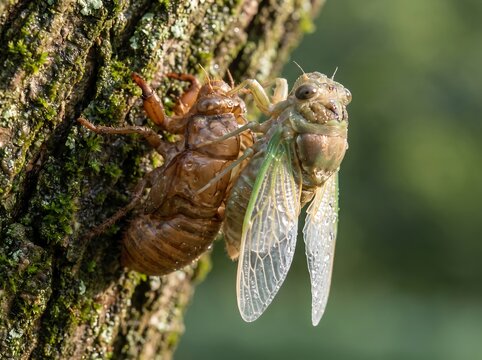 cicadas emerging from its molt meta morphosing