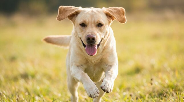 Happy labrador retriever dog running through a grassy field outdoors