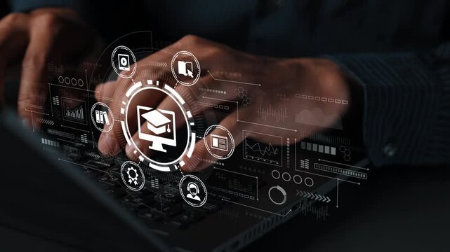 Hands Typing on Laptop with Digital Icons Representing Online Learning and Educational Technology Concepts in Dark Environment. Entropy.