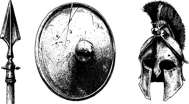 Set of three black and white spartan spear shield and helmet drawings for historical design, poster, banner and background use