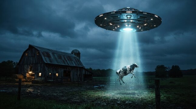 UFO abducting cow in a rural farm field at night