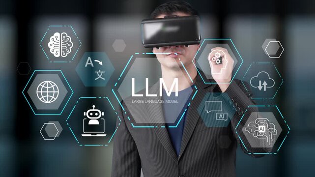 Man in Virtual Reality Headset Engaged with Abstract Digital Interface Showcasing Language Models, AI Concepts, and Innovative Technology Applications Gluon.