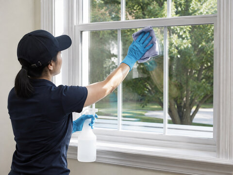 Professional Window Cleaning with Spray and Microfiber Cloth.
