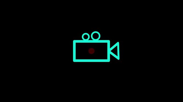 Camera record icon with flashing Red dot, video recording interface symbol with black background.