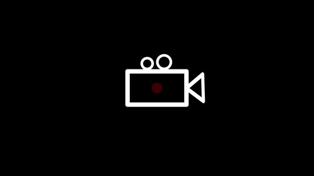 Camera record icon with flashing Red dot, video recording interface symbol with black background.