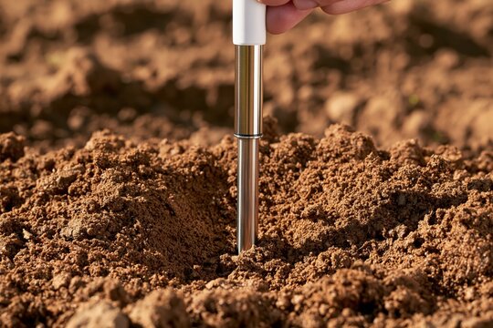 Hand inserting soil sensor probe into tilled earth for agricultural monitoring