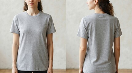Naklejka premium Woman wearing gray t-shirt front and back view mockup