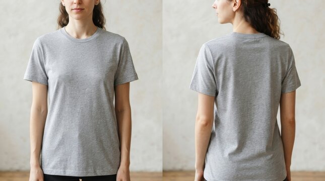 Woman wearing gray t-shirt front and back view mockup