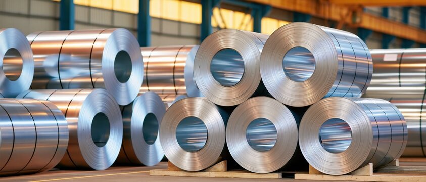 Stacks of finished steel coils in warehouse with clean industrial lighting