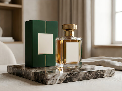 Luxury perfume bottle with black box on a marble stand