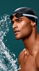 Fototapeta premium Swimmer with cap and goggles against deep teal background with water splash