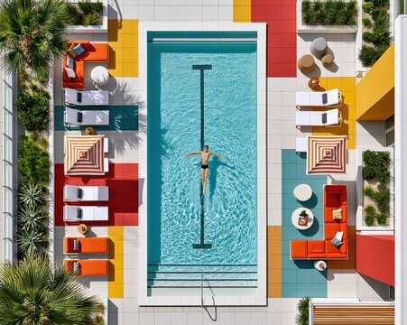 Single swimmer floating in rooftop pool surrounded by colorful tiles and lounge furniture under midday sun