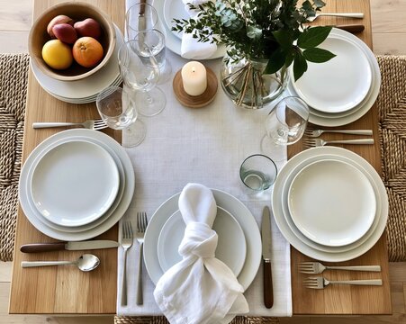 Elegant table set for guests with white plates, linen napkins, fresh fruit, greenery centerpiece, and candlelight on wooden surface