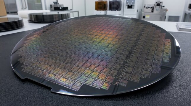 Silicon wafer with integrated circuits in cleanroom laboratory