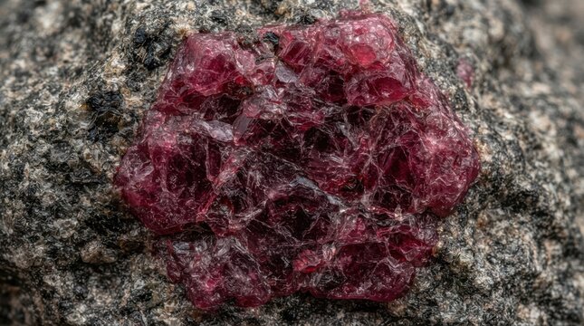 Natural red tourmaline crystal embedded in rock matrix