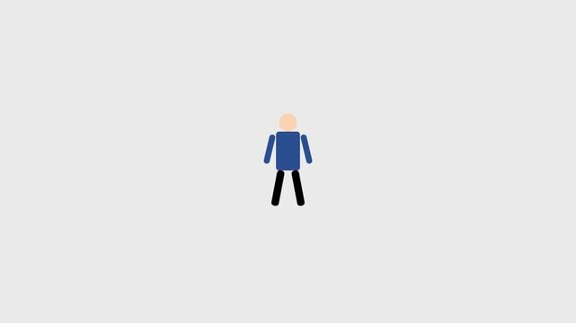 Simple flat stick figure icon of a man standing in a blue shirt and black pants