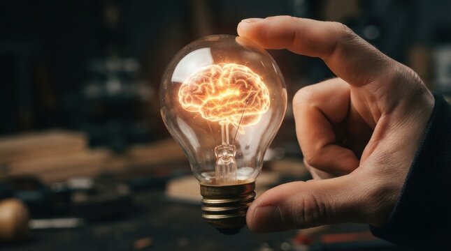Hand holding light bulb with glowing brain inside representing idea and innovation